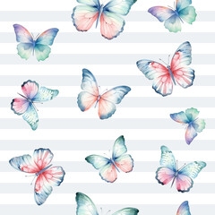 Seamless butterfly moth pattern. Watercolor butterfly vector background. Pastel colors
