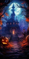 Fototapeta na wymiar Halloween pumpkins and a mystical and spooky castle in the dark against a blue moon,Generative AI