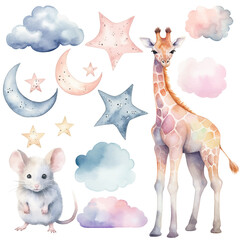 Watercolor giraffe and mouse set. Vector hand drawn clouds, moon, stars, nursery elements, wall stickers. © Hanna ArtLab