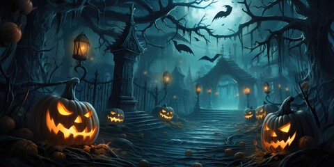 Fototapeta na wymiar Halloween pumpkins and a mystical and spooky castle in the dark against a blue moon,Generative AI
