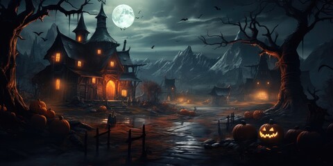 Mysterious castl, ghosts and pumpkins on the background of the blue moon. Halloween. Generative AI