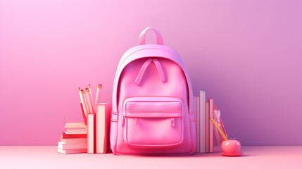 3D illustration of pink backbag and school supplies on pink background