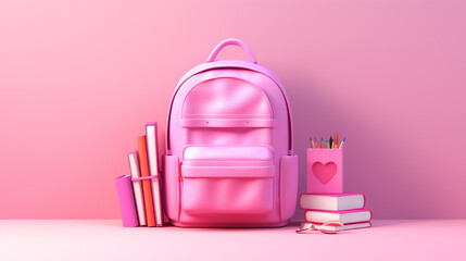 3D illustration of pink backbag and school supplies on pink background