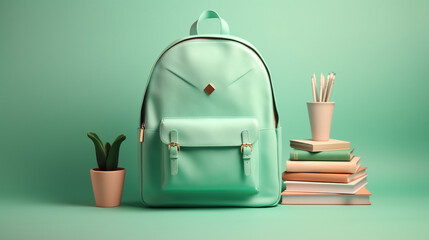 3D illustration of green mint color backbag and school supplies on green mint background