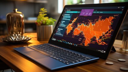 Laptop screen with financial dashboard, multiple charts and graphs. Generative AI