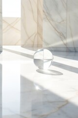 Art decor, glass ball sitting on top of a marble floor. Generative AI.