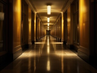 A long hallway with a clock on the wall. Generative AI.