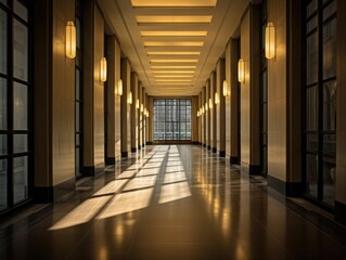 A long hallway with a lot of windows and lights. Generative AI.