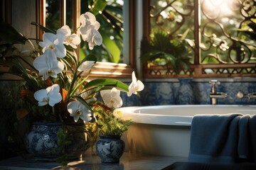 A bath tub sitting under a window next to a plant. Generative AI. - Powered by Adobe