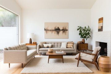 A living room filled with furniture and a fire place. Generative AI.