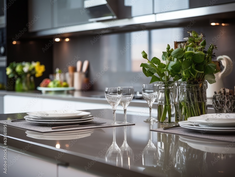 Sticker A kitchen counter with plates and glasses on it. Generative AI.