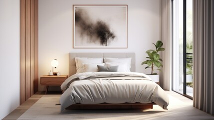 Fototapeta premium A bed sitting in a bedroom next to a window. Generative AI.