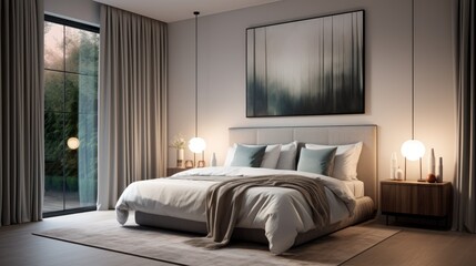 Fototapeta premium A bedroom with a large bed and a painting on the wall. Generative AI.