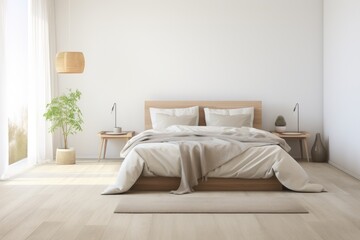 Obraz premium A bedroom with a bed and a plant in the corner. Generative AI.