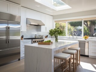 A kitchen with a center island and a skylight. Generative AI.