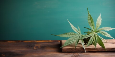 Cannabis Plant on Light Green Background with Copyspace, Steaming White Joint on Wooden Board, Illustrating Drug Consumption and the Controversy of Drug Legalization
