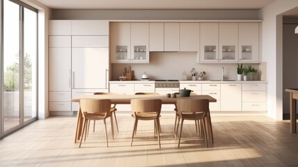 A kitchen with a table and chairs in it. Generative AI.