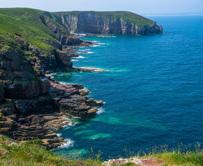 Point of Cape Fréhel, the emerald green ocean, in the department of Côtes-d'Armor in the commune of Plévenon, BRITAIN.