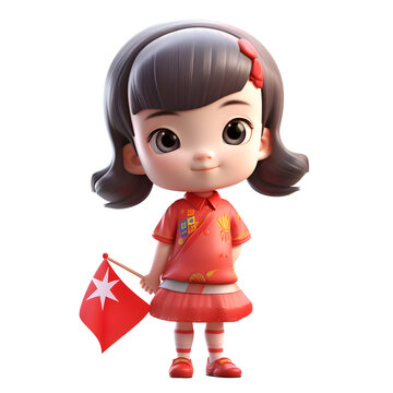 3D rendering of a cute Chinese girl with a flag of China