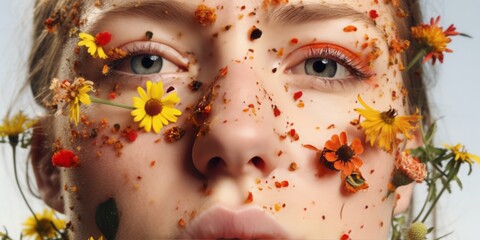Hay Fever Expression: Sick Female Face with Red Nose and Sniffles, Portraying Allergy Discomfort with Flying Pollen and Flowers, Amid Lively Facial Expressions on a Sun-Kissed White Background
