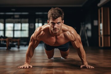 Athlete with healthy muscular body doing pushups in a gym.