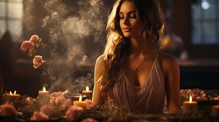 A beautiful woman meditates inside a room with candles and incense. Tranquility and relaxation in silence. Generative AI.