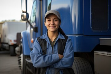 A smiling female truck driver.