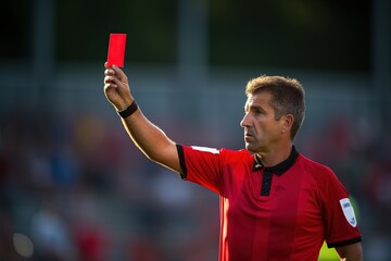 A soccer referee showing a red card in a match.
