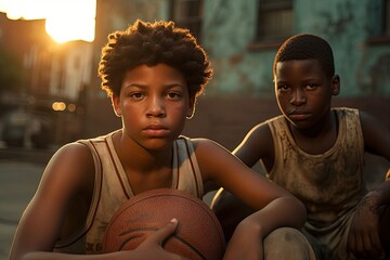 African American boys play basketball.