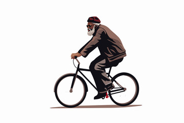 black old man riding bycicle vector flat isolated illustration