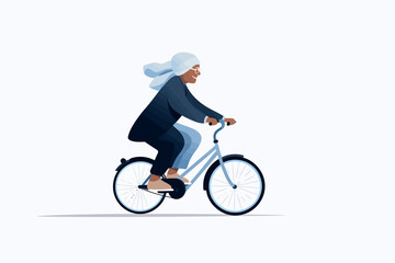 black old woman riding bycicle vector flat isolated illustration