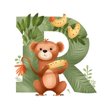 Cute letter R with monkey and tropical leaves. vector illustration.
