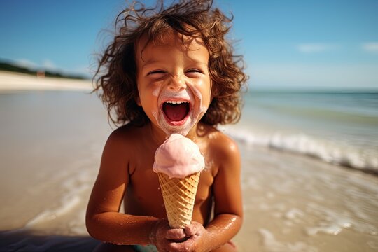 Child Eating Ice Cream On The Beach.