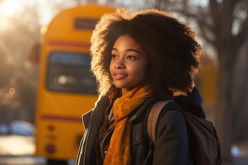 African American teenage girl student after getting off school bus.