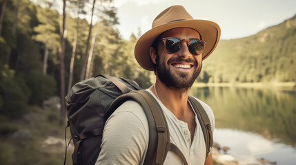 Handsome young man wearing sun hat and sunglasses taking selfie on summer vacation day. Happy hiker with backpack smiling. 