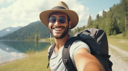Foto op Canvas Handsome young man wearing sun hat and sunglasses taking selfie on summer vacation day. Happy hiker with backpack smiling.  © IndigoElf