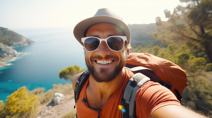 Handsome young man wearing sun hat and sunglasses taking selfie on summer vacation day. Happy hiker with backpack smiling.  - obrazy, fototapety, plakaty