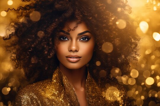 Afro-Asian woman in golden dress.