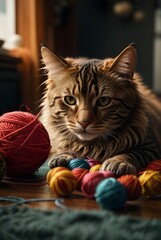 brown cat playing with thread yarn