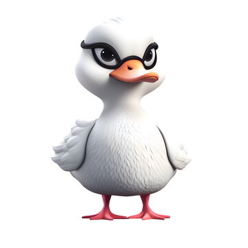 Cartoon duck with glasses on white background. Isolated 3D image