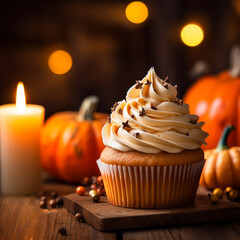 a cupcake with pumpkin and candles