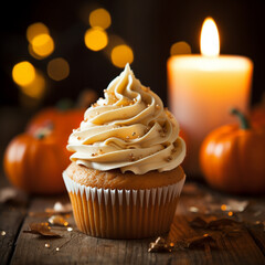 a cupcake with pumpkin and candles