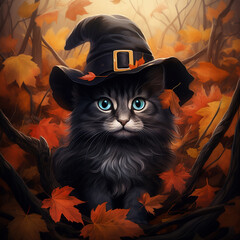 illustration of a halloween cat with in a bunch of leaves