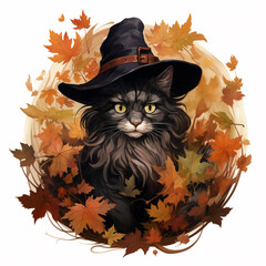 illustration of a halloween cat with in a bunch of leaves