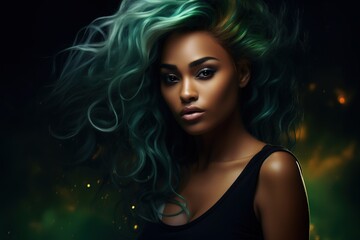 Beautiful African American woman with green hair.