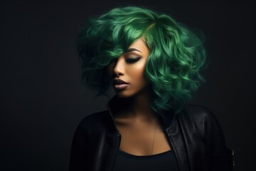 Beautiful African American woman with green hair.