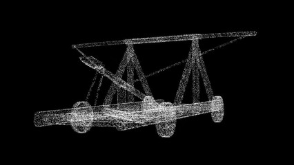 3D ancient Catapult rotates on black background. Historical military concept. Business advertising backdrop. For title, text, presentation. 3d animation 60 FPS