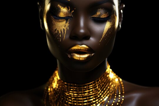 African woman with gold makeup on black background.