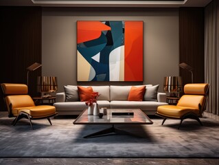 A living room filled with furniture and a painting. Generative AI.