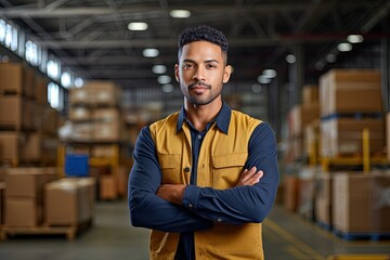 Male factory worker with arms crossed.